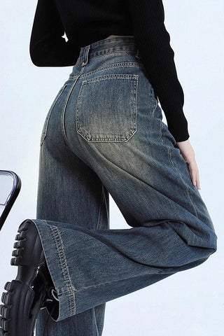 washed retro high waist wide-leg jeans