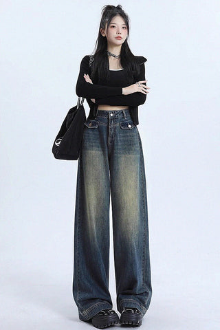 washed retro high waist wide-leg jeans