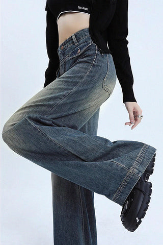 washed retro high waist wide-leg jeans