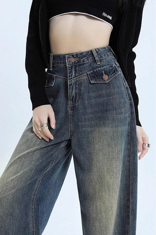 washed retro high waist wide-leg jeans