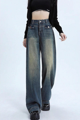 washed retro high waist wide-leg jeans