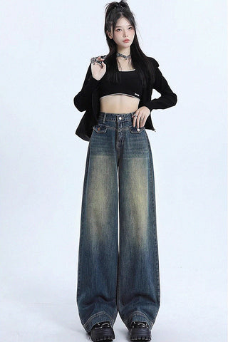 washed retro high waist wide-leg jeans