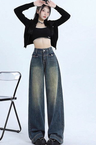 washed retro high waist wide-leg jeans