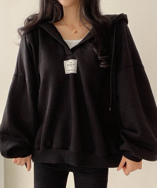 loose v-neck hooded pullover