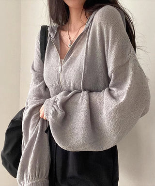 thin hooded crop knitted cardigan