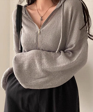 thin hooded crop knitted cardigan