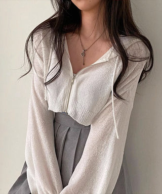 thin hooded crop knitted cardigan