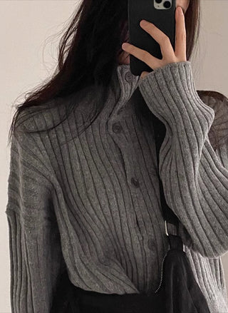 high-neck strip slim knitted cardigan