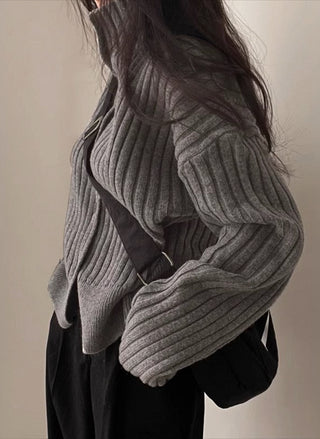 high-neck strip slim knitted cardigan