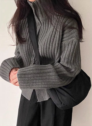 high-neck strip slim knitted cardigan