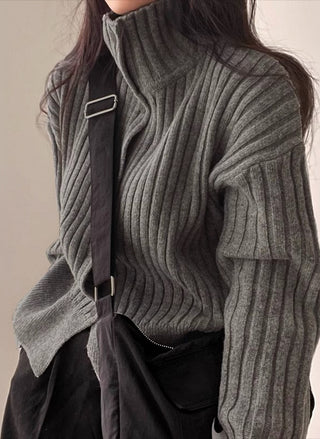 high-neck strip slim knitted cardigan