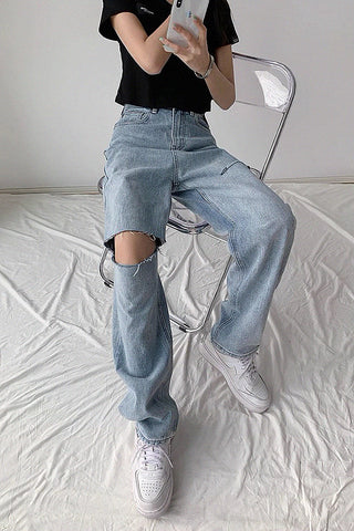 high waist ripped loose jeans