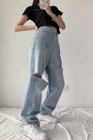 high waist ripped loose jeans