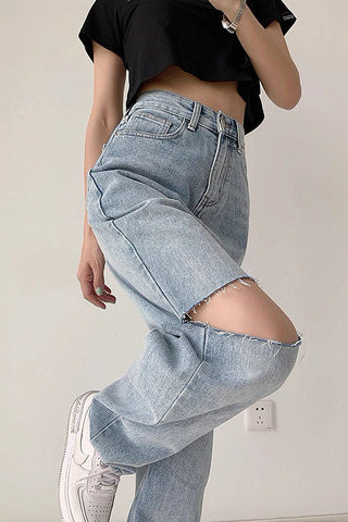 high waist ripped loose jeans