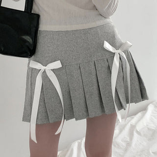 Cute Double Bow A-line Pleated Knitted Skirt