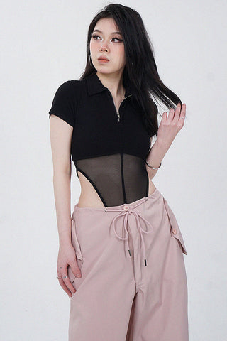 Black Mesh Splice Short Sleeve Bodysuit