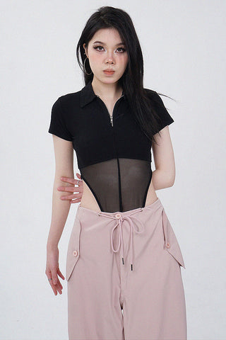 Black Mesh Splice Short Sleeve Bodysuit