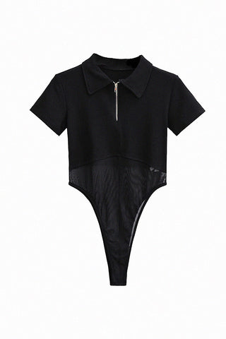 Black Mesh Splice Short Sleeve Bodysuit