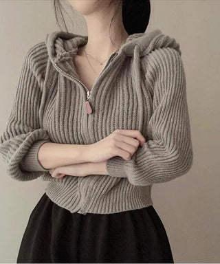 retro zipper hooded cardigan