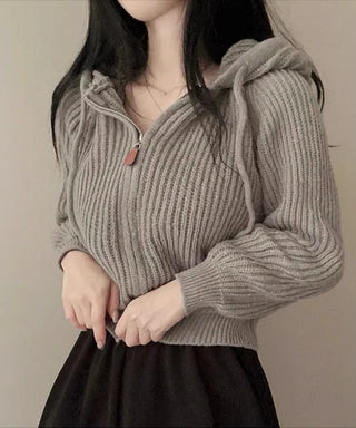 retro zipper hooded cardigan