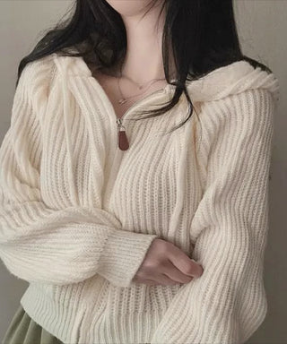 retro zipper hooded cardigan