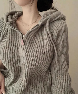 retro zipper hooded cardigan