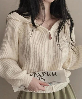 retro zipper hooded cardigan