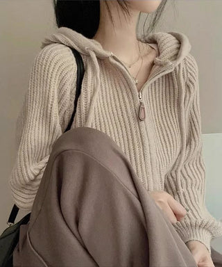 retro zipper hooded cardigan