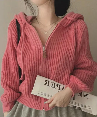 retro zipper hooded cardigan