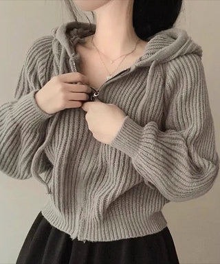 retro zipper hooded cardigan