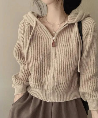 retro zipper hooded cardigan