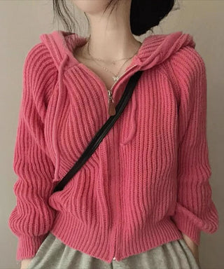 retro zipper hooded cardigan