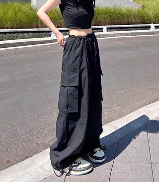 thin high waist loose drawstring cargo pants