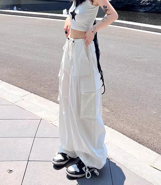 thin high waist loose drawstring cargo pants