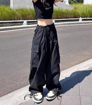 thin high waist loose drawstring cargo pants