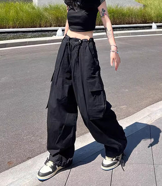 thin high waist loose drawstring cargo pants