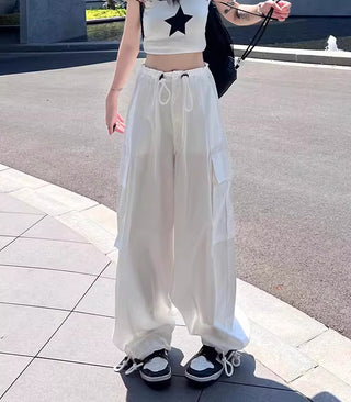 thin high waist loose drawstring cargo pants