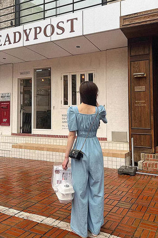 pleated waist puff sleeve wide leg denim jumpsuit