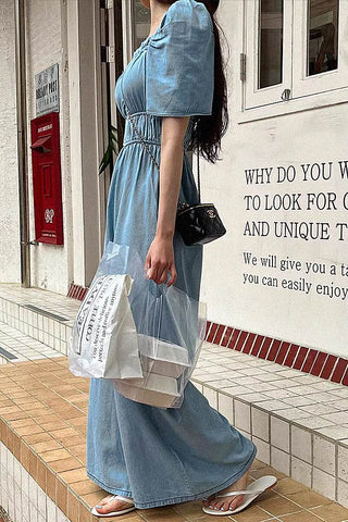 pleated waist puff sleeve wide leg denim jumpsuit