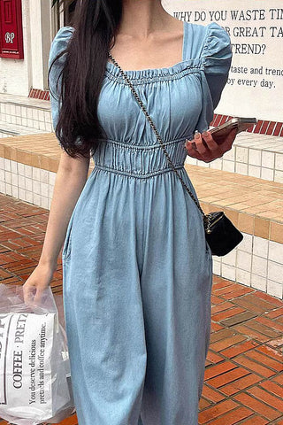 pleated waist puff sleeve wide leg denim jumpsuit