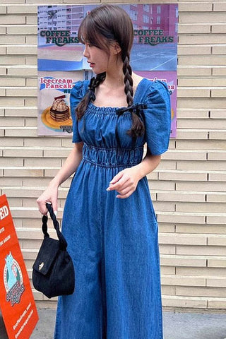 pleated waist puff sleeve wide leg denim jumpsuit