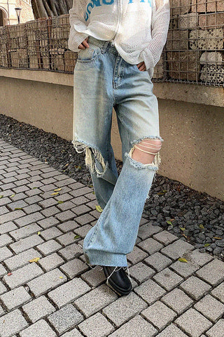 washed ripped high waist loose jeans