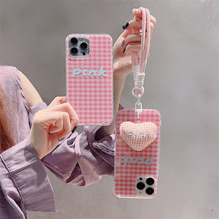 Korean plaid hand-held iPhone Case + love lanyard