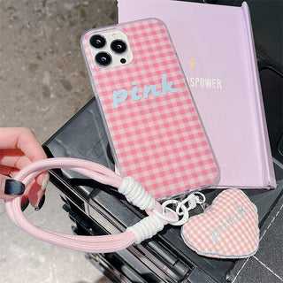 Korean plaid hand-held iPhone Case + love lanyard