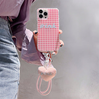 Korean plaid hand-held iPhone Case + love lanyard