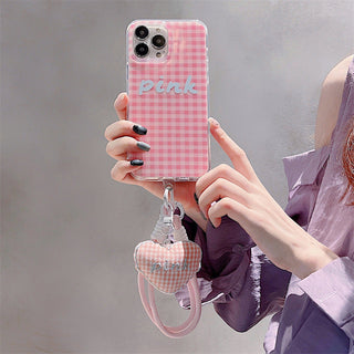 Korean plaid hand-held iPhone Case + love lanyard