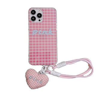 Korean plaid hand-held iPhone Case + love lanyard