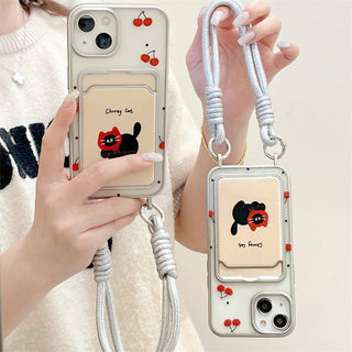 Korean cartoon animal card holder Cat shell Case + lanyard