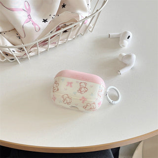 pink & white line bear for airpods protective cover