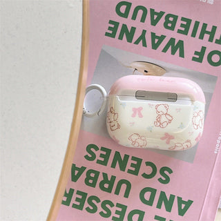 pink & white line bear for airpods protective cover